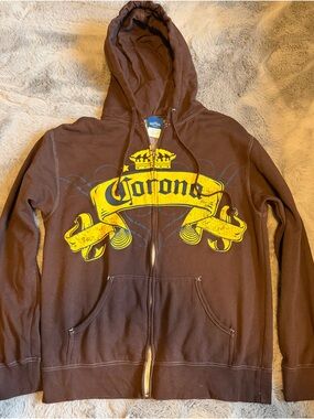 Corona Mens Brown Hoodie with Yellow Logo Zip-Up